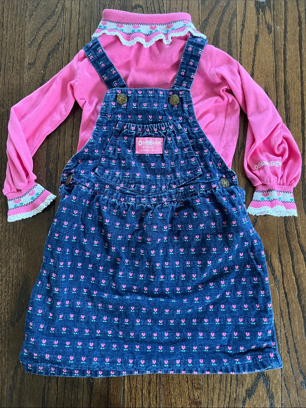 Vintage OshKosh B’Gosh Overalls Floral Rose Denim Jumper Set Made USA 4T